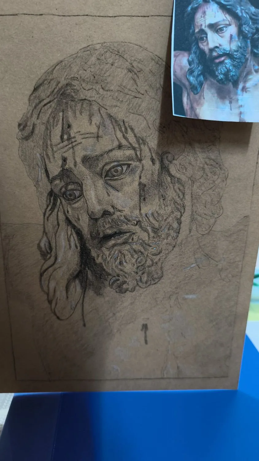 Proceso grafito Serie 5 · Dibujo cofrade papel Kraft proceso artístico · Sandra Arenas